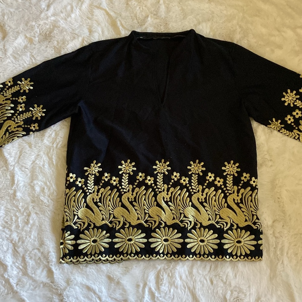 African gold embroidered shirt on black size Medium